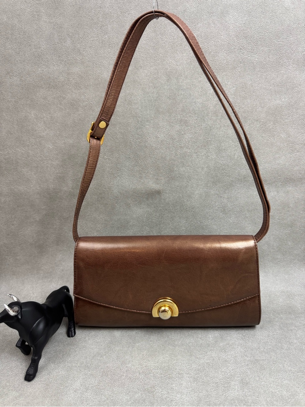 Brown Leather Shoulder Bag with Gold Turn-Lock